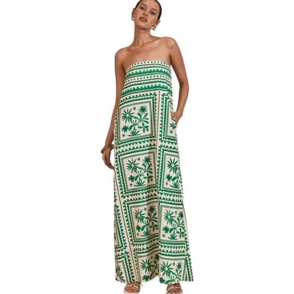 Anthropologie x Mon Renn Green and White Tropical Linen Blend Maxi Dress - Picture 5 of 11